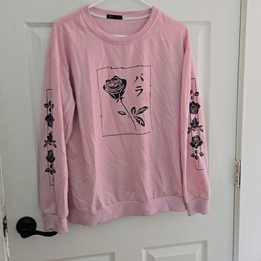 Pink shirt with Japanese Text and Roses